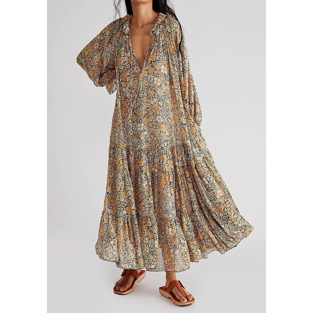 Free People Feeling Groovy Maxi Dress Yellow Floral Sheer Tiered LS Size Medium - Picture 3 of 16
